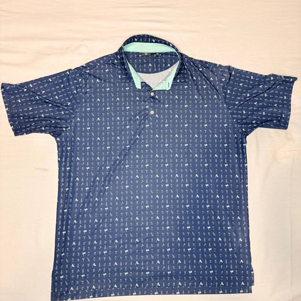 Footjoy Polo Shirt Mens Blue Geometric Golf Beer Cockail Stretch